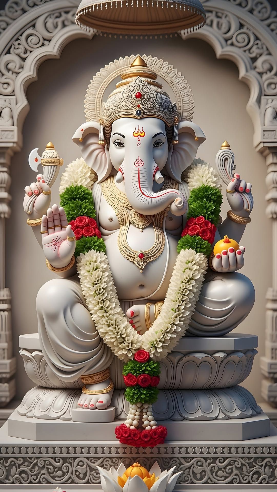 Ganesha statue adorned with flowers