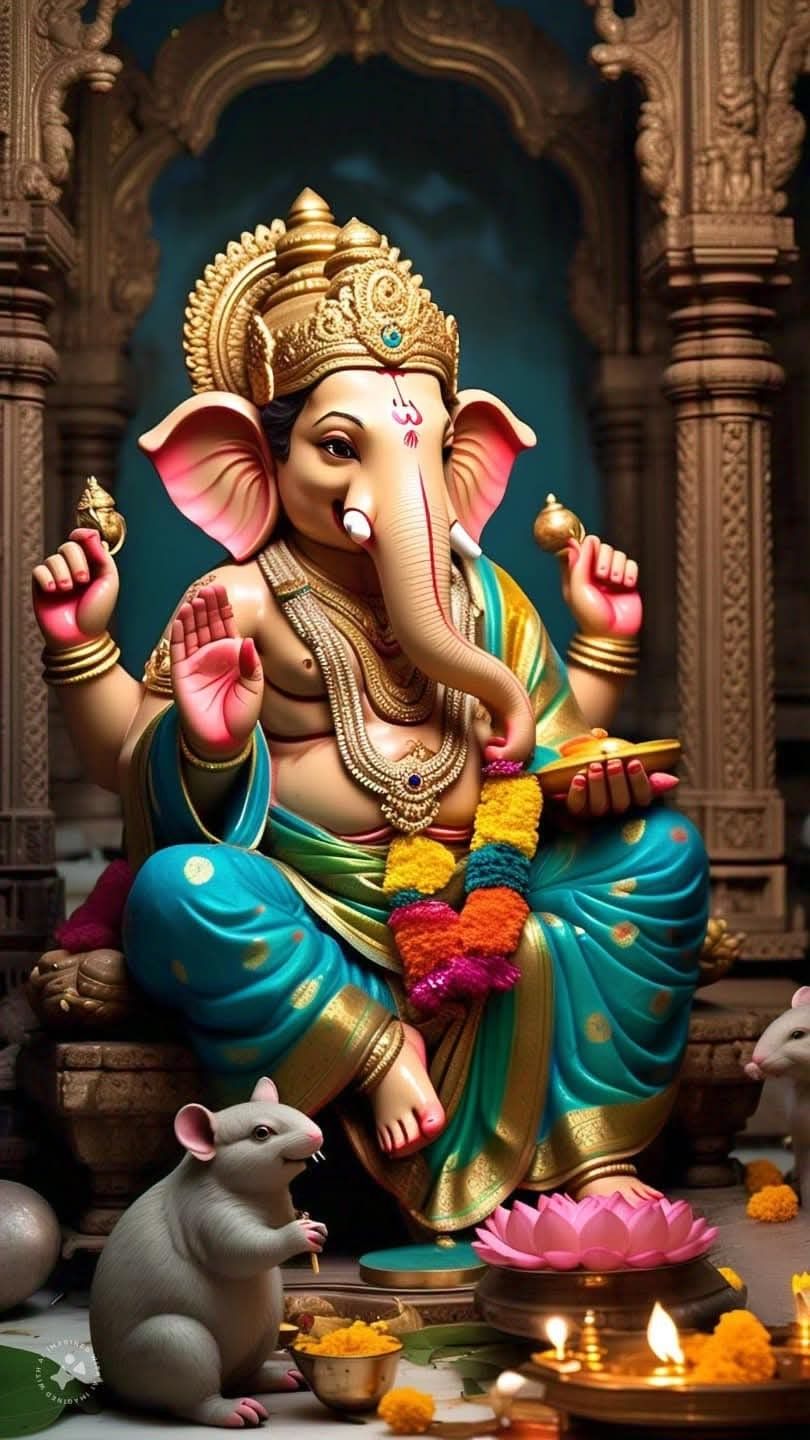 Lord Ganesha with mouse and lotus