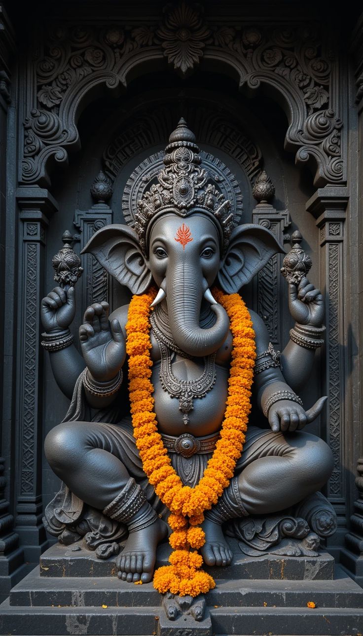 Silver Ganesha statue with marigold garland