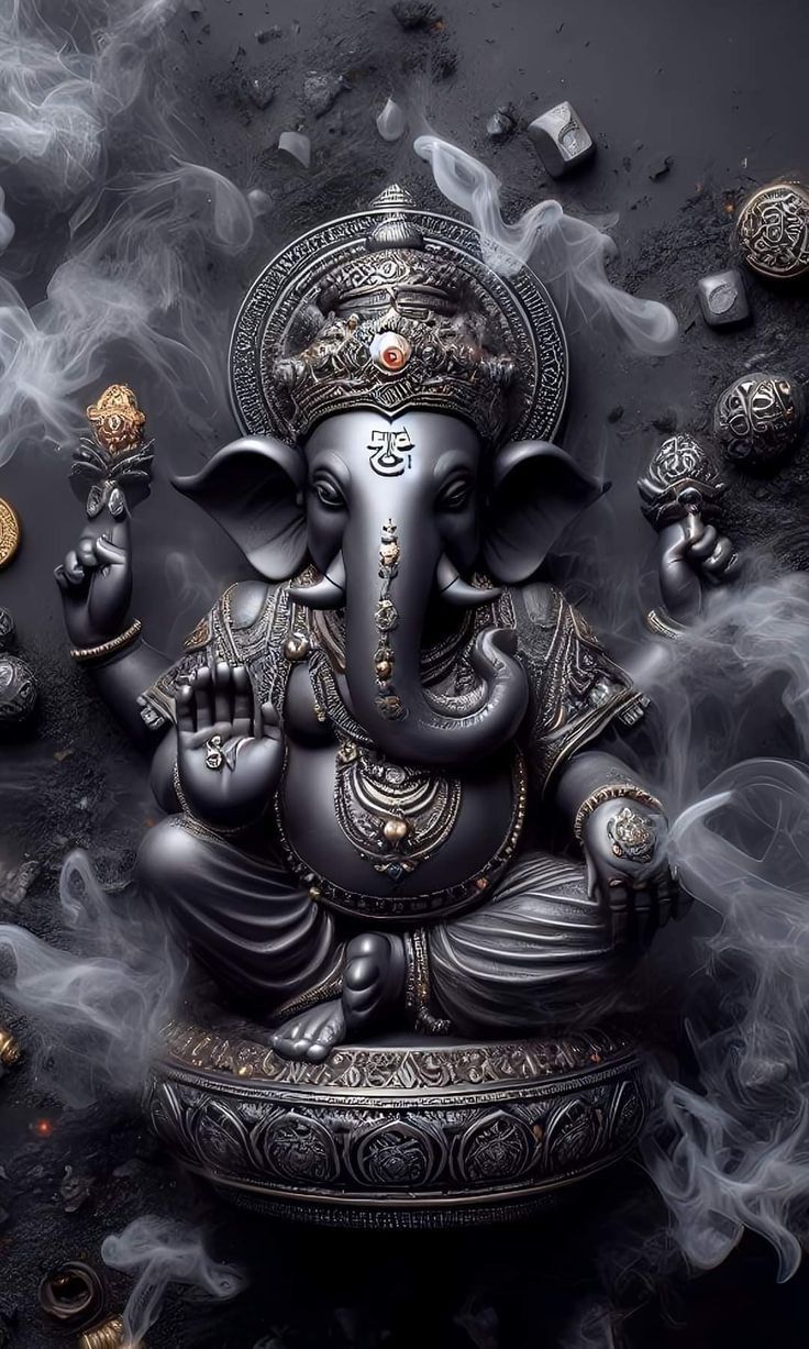 Ganesha surrounded by smoke and lotus