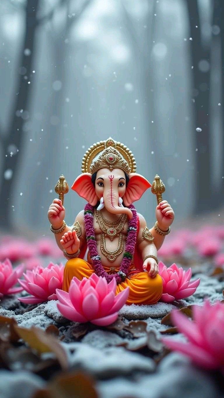 Lord Ganesha amidst lotuses and snow