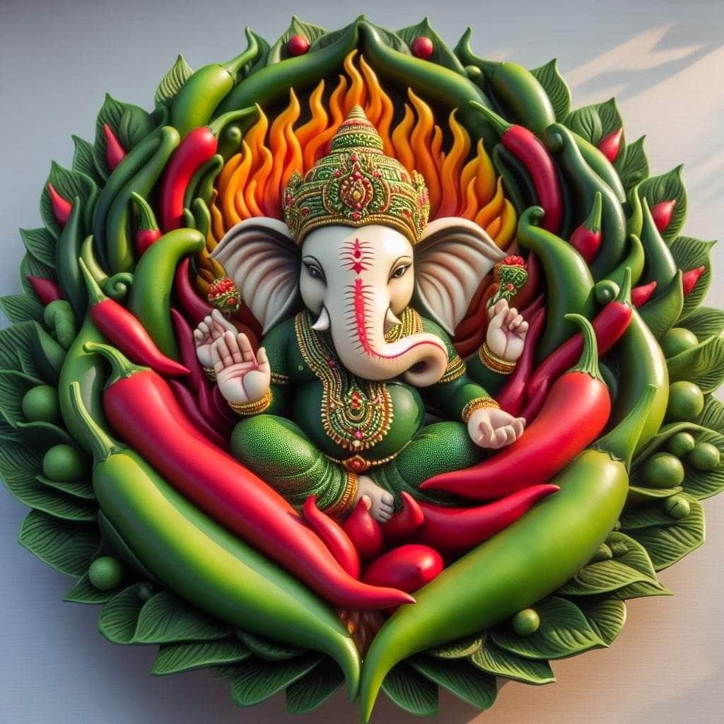 Ganesha amidst vibrant chili peppers.