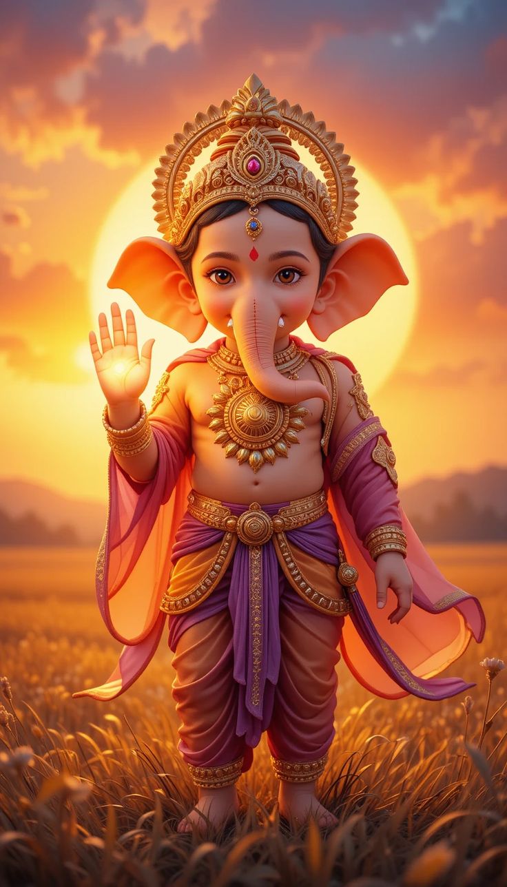 Lord Ganesha blessing with sunrise backdrop