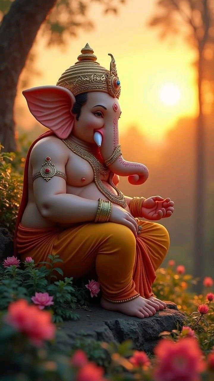 Ganesha at sunrise, blessing devotees.