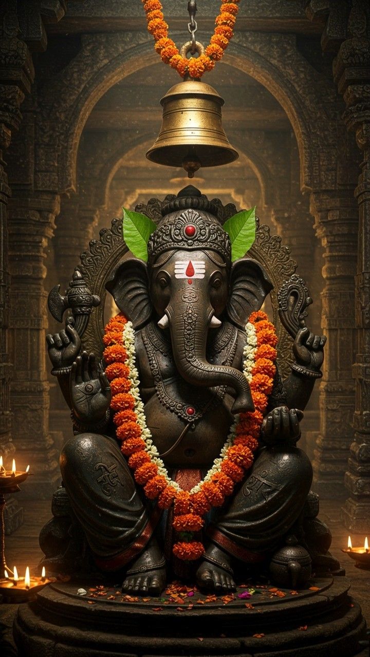 Lord Ganesha in temple with bell