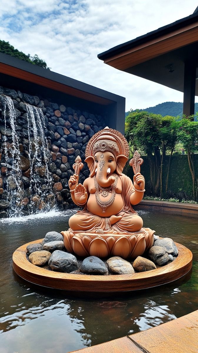 Ganesha statue by a waterfall garden
