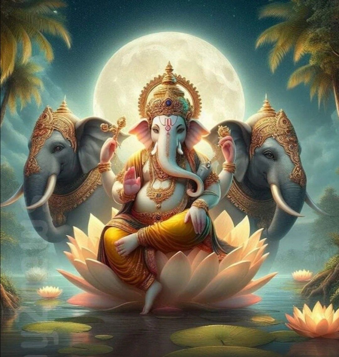 Three-headed Ganesha on a lotus flower