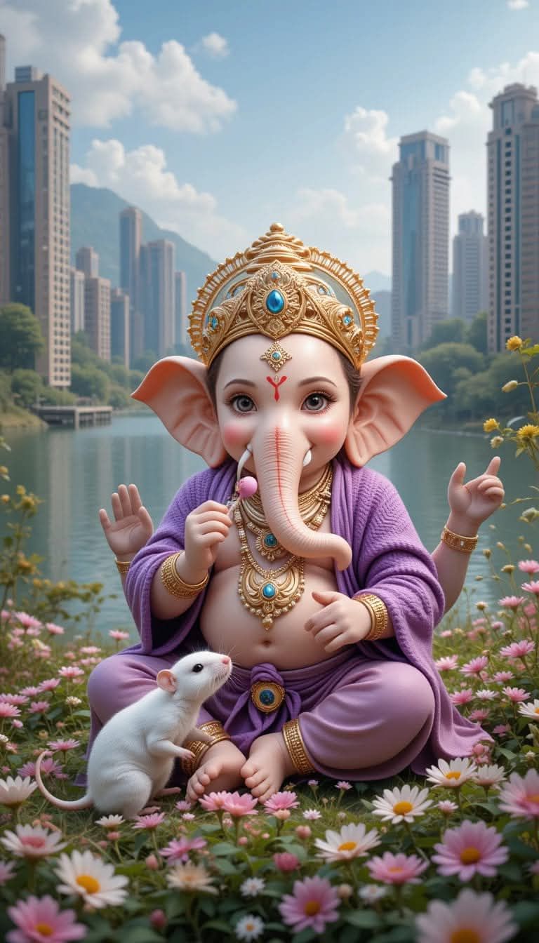 Ganesha seated amongst flowers with city