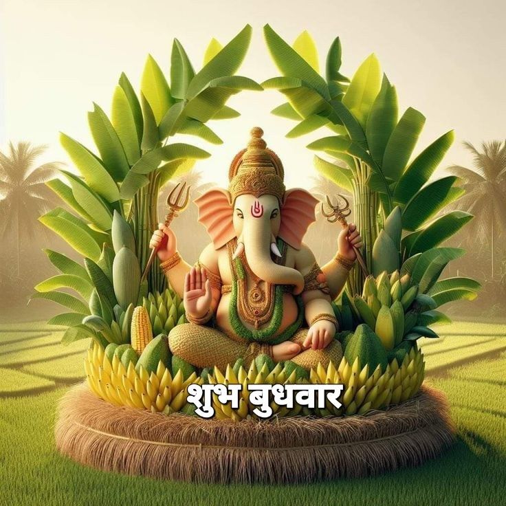 Ganesha amidst lush banana leaves