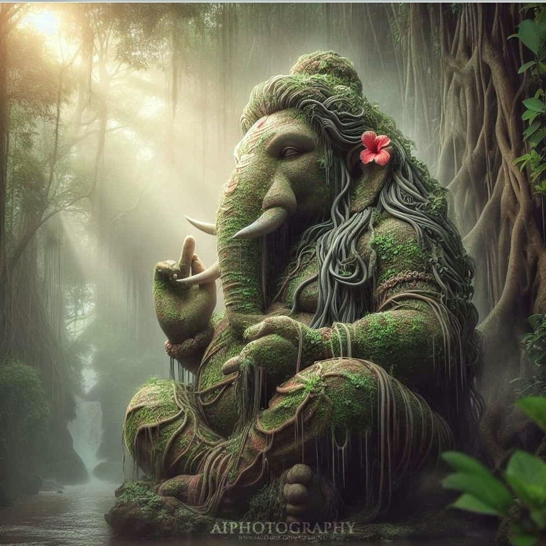 Ganesha statue in a lush green forest