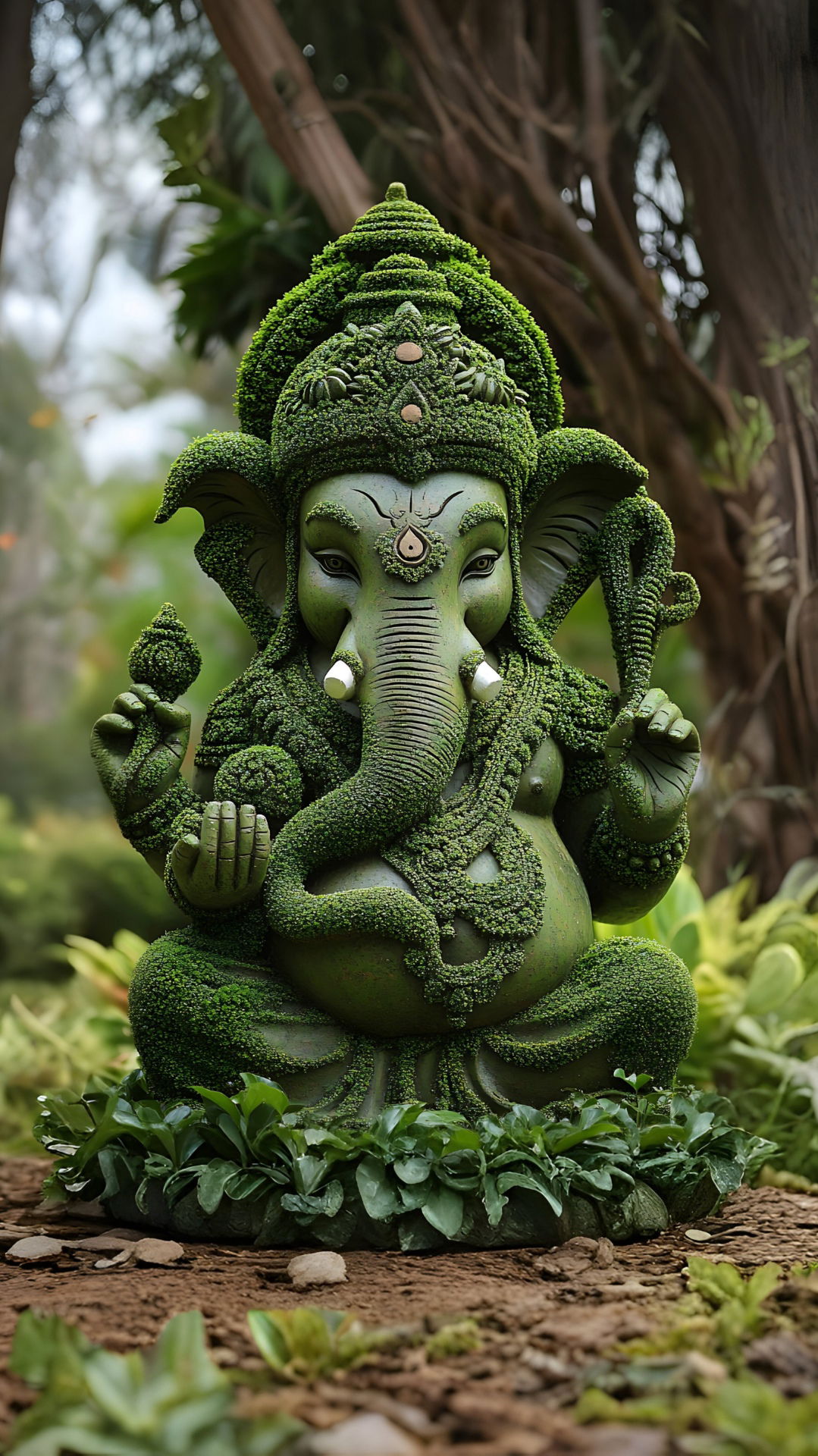 Green Ganesha statue amidst lush foliage.