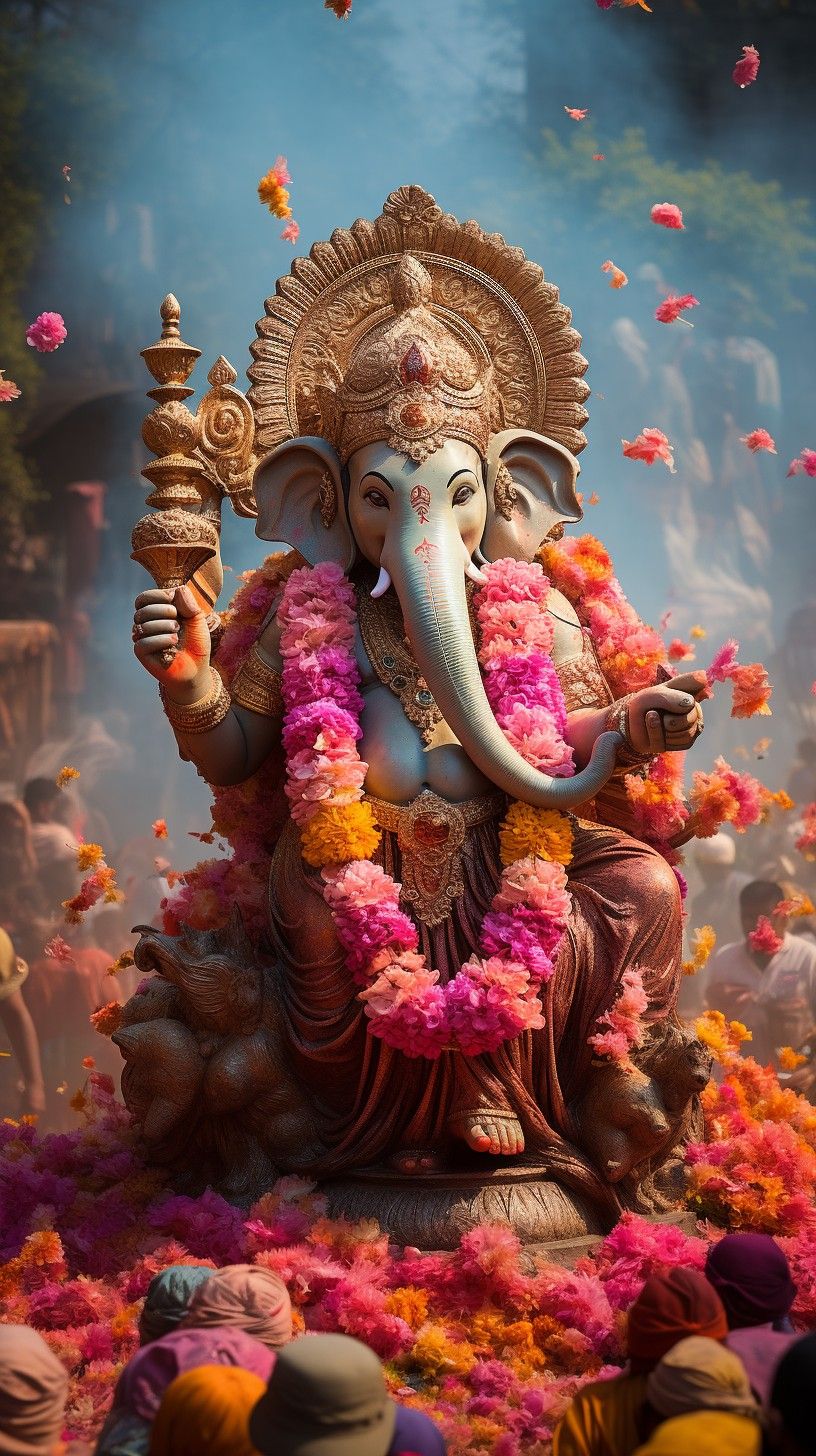 Ganesha adorned with flowers, blessings bestowed