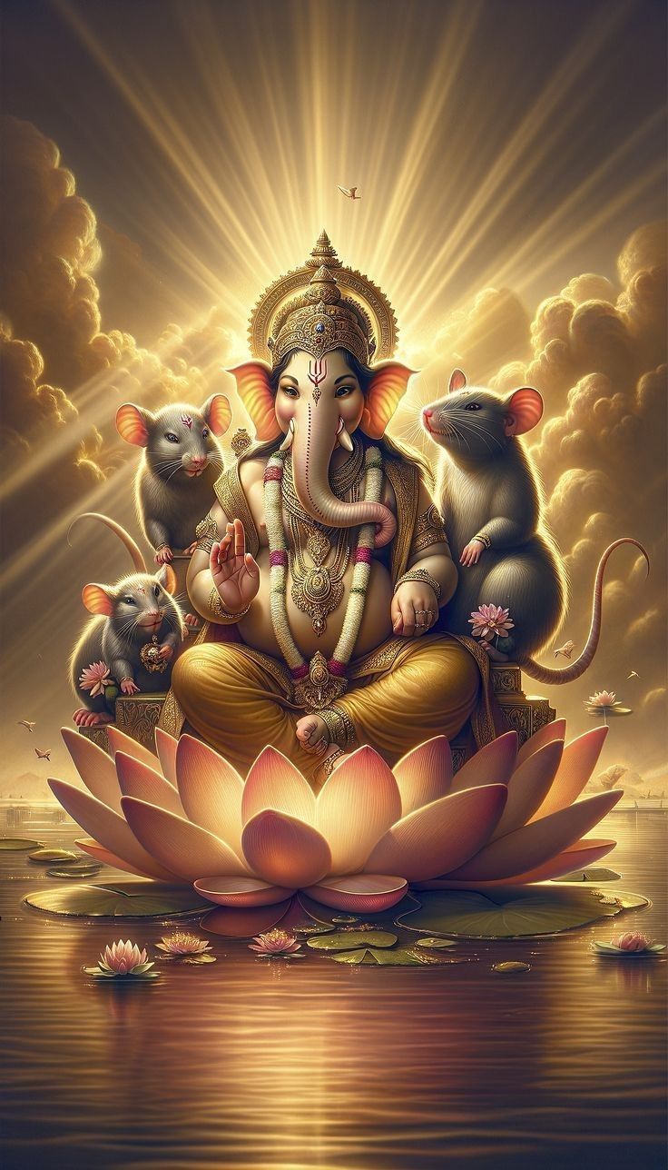 Ganesha on lotus with mice