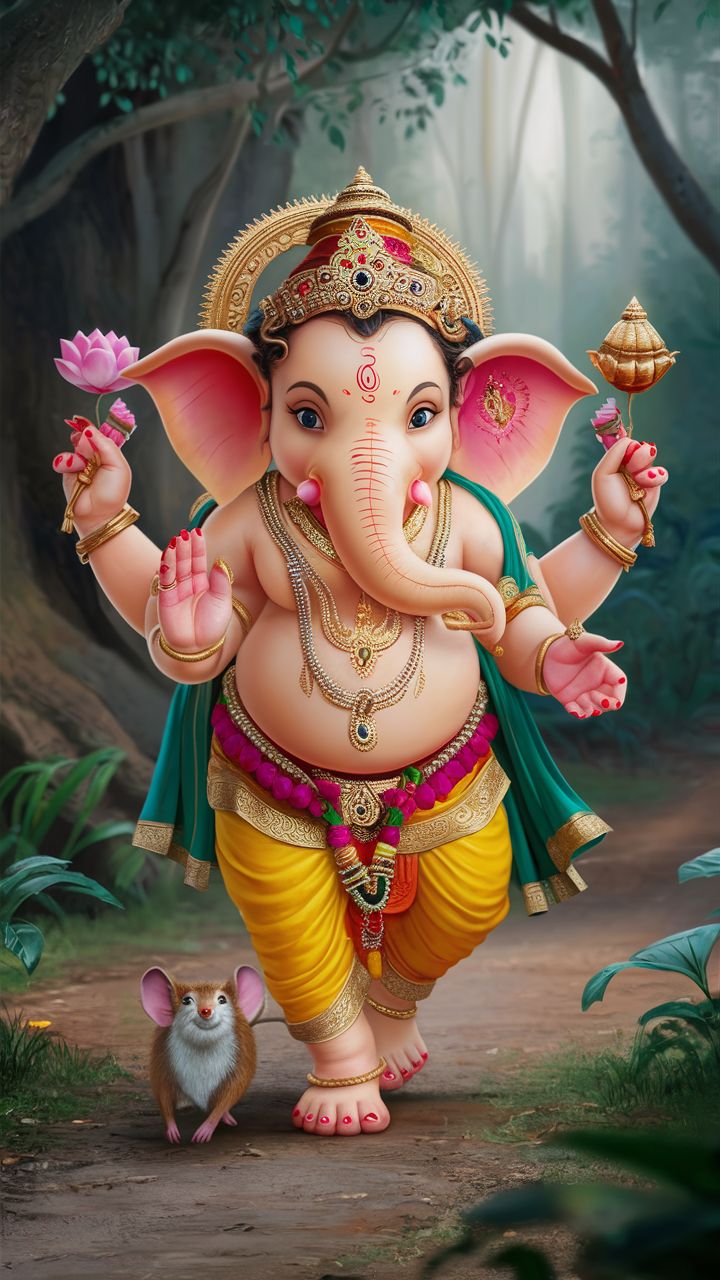 Lord Ganesha blessing with mouse and lotus