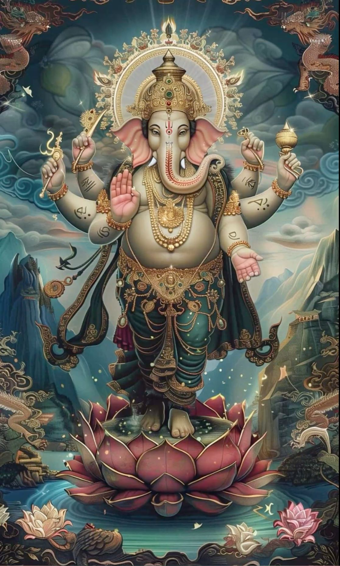 Lord Ganesha on a lotus flower.