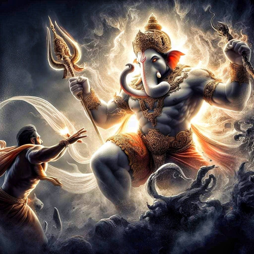 Powerful Ganesha with trident and devotee