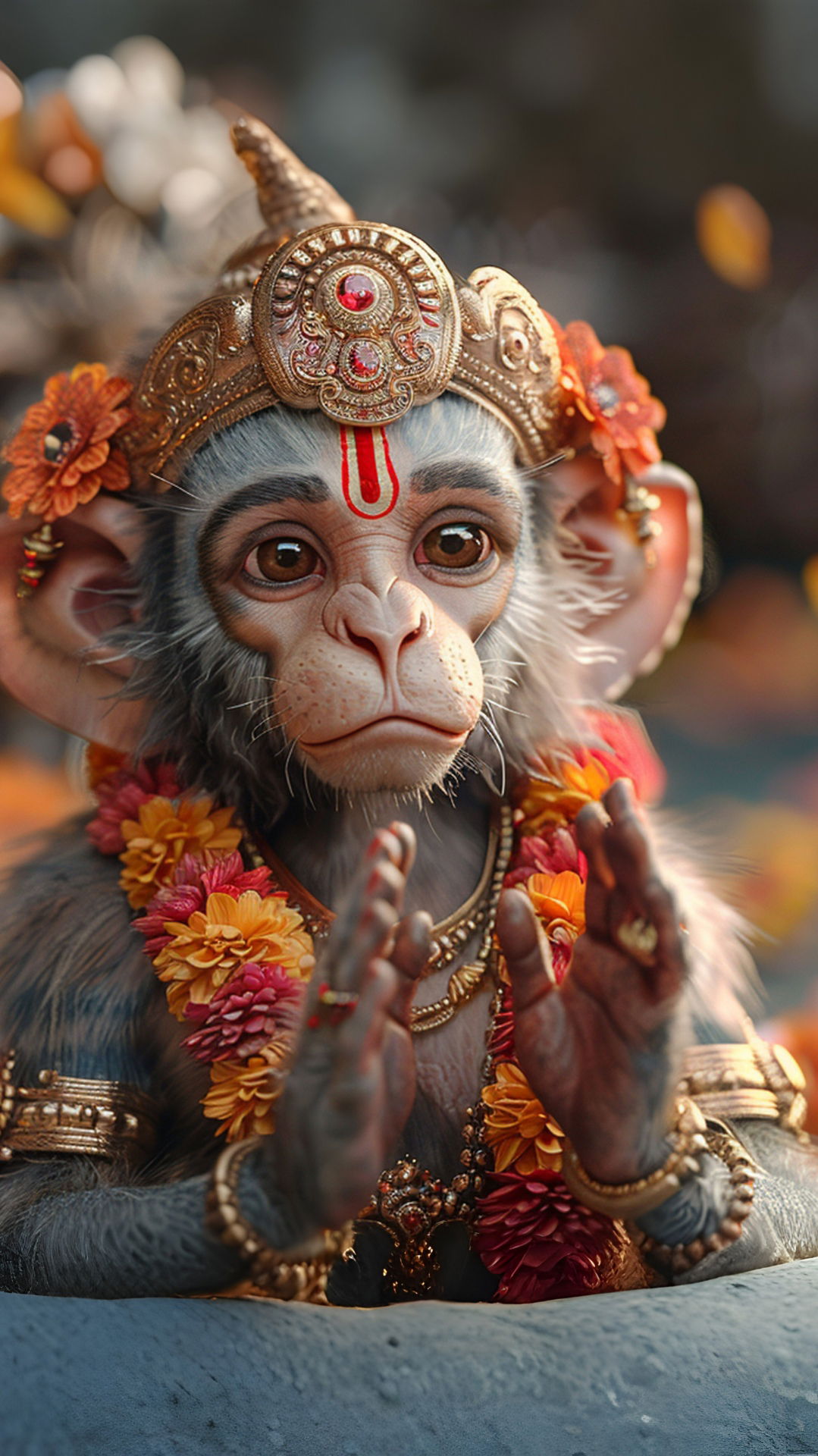 Gentle Hanuman portrait with floral garland