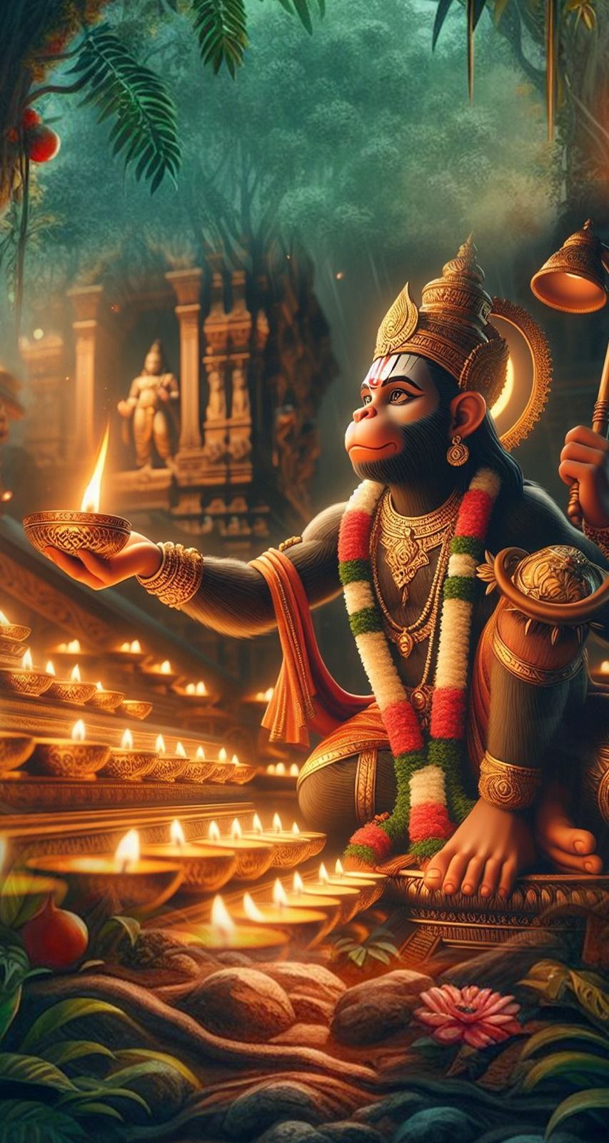 Hanuman holding a lamp in temple.