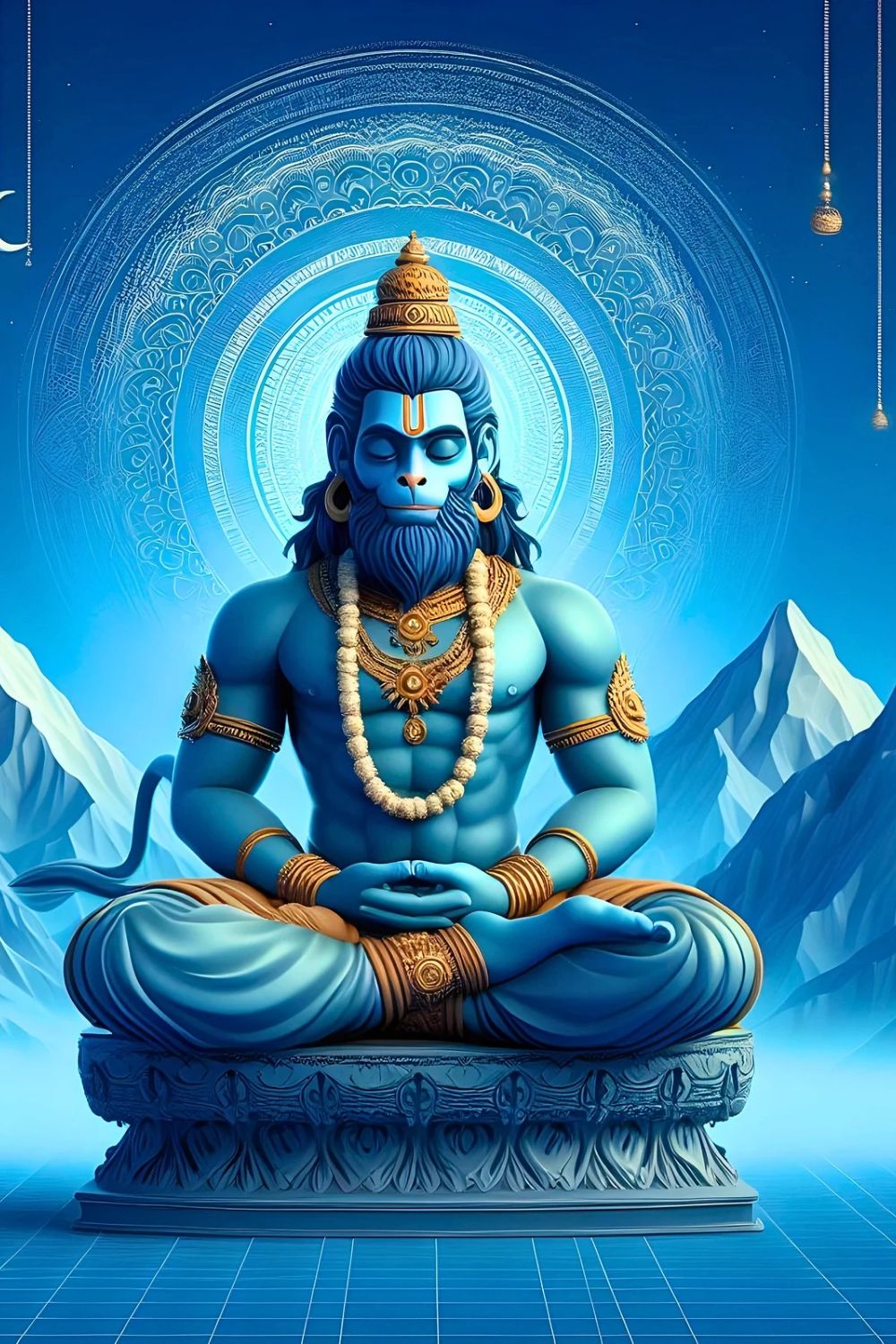Meditating Hanuman in blue tones