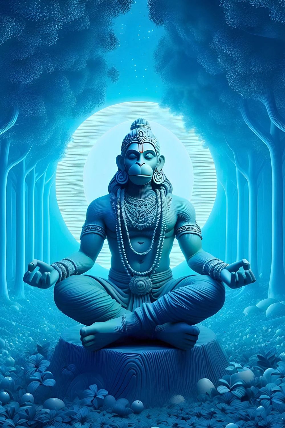 Hanuman meditating in a blue forest.