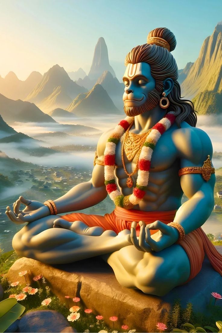 Hanuman in meditative pose, mountain backdrop