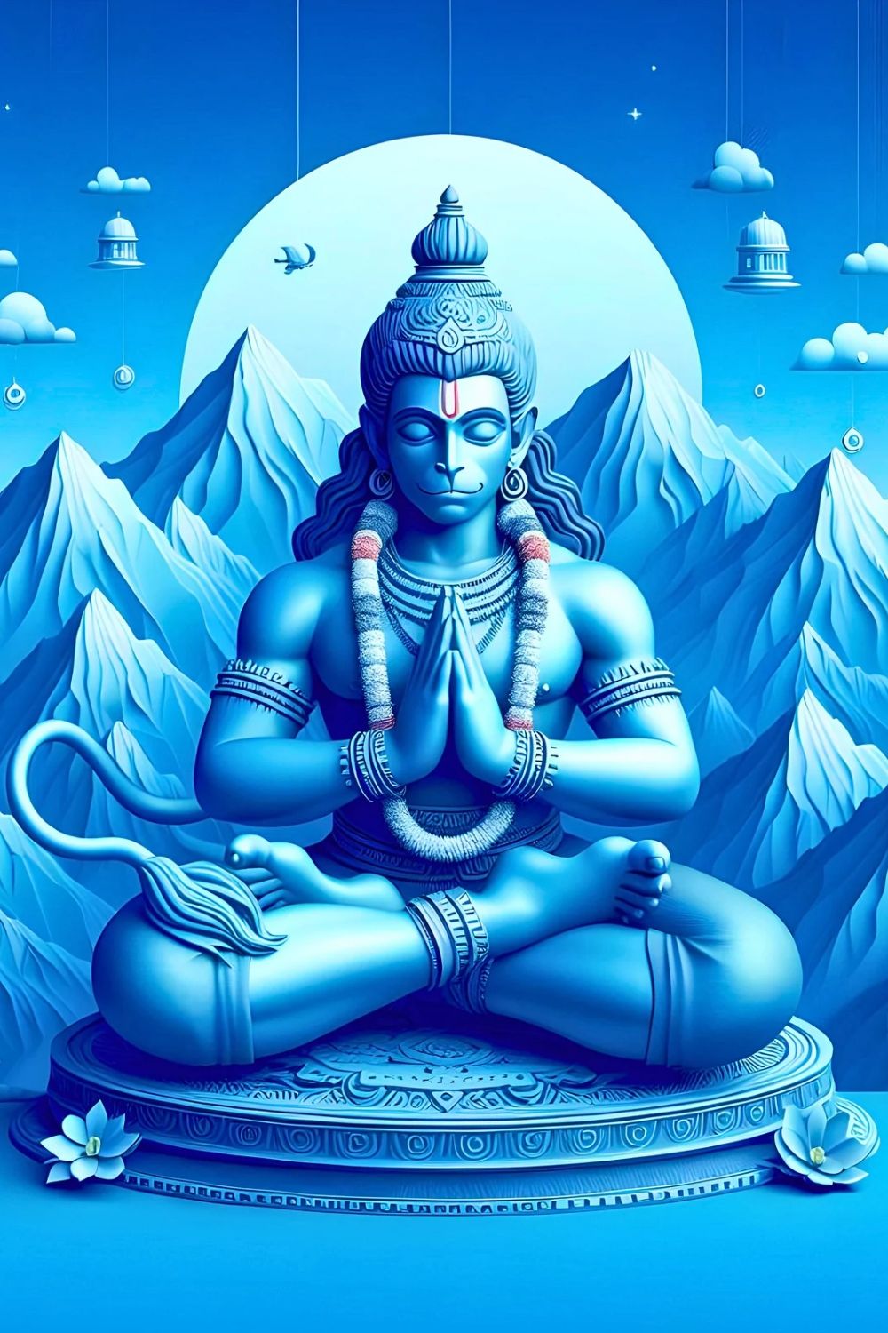 Hanuman meditating on a mountain peak