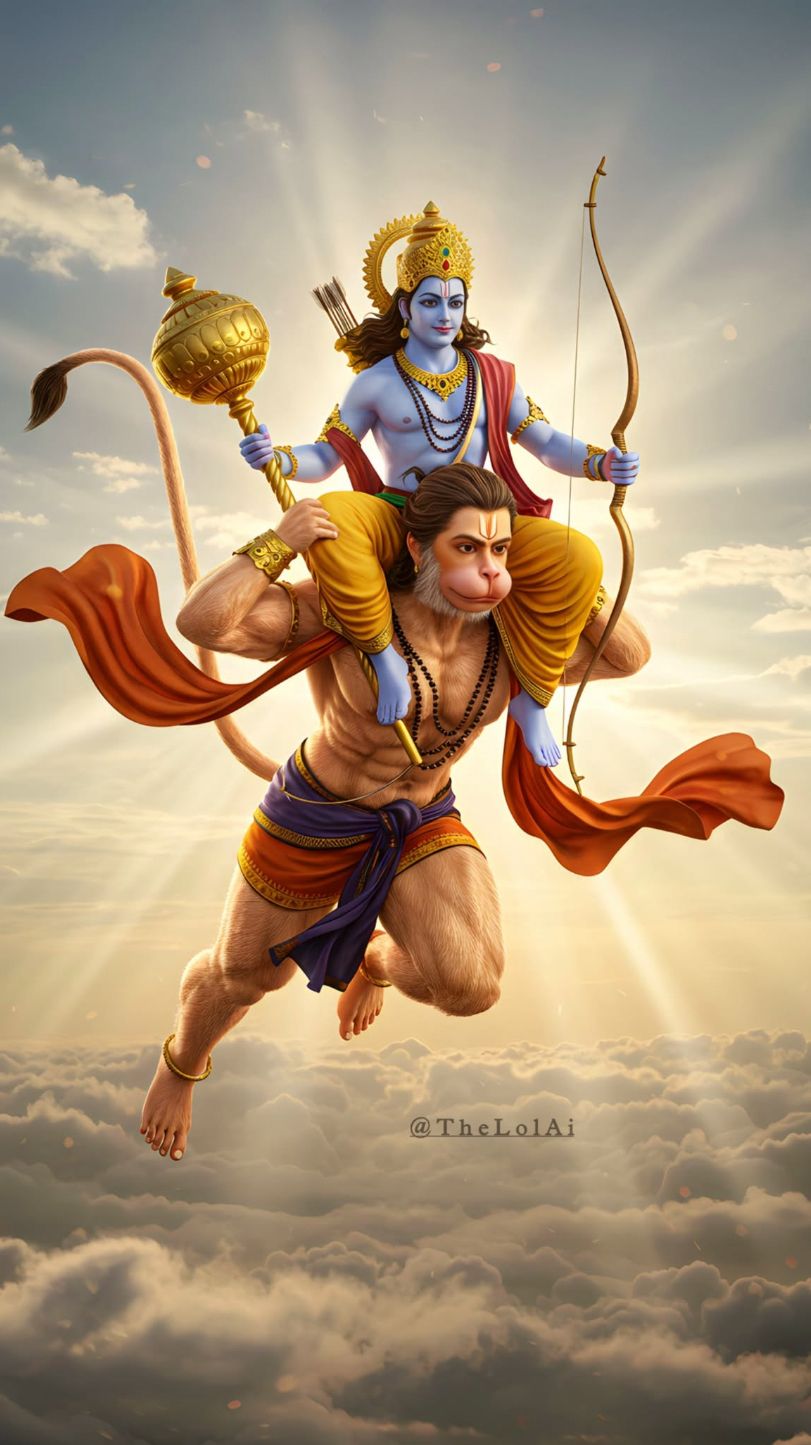Hanuman carries Lord Rama through the sky