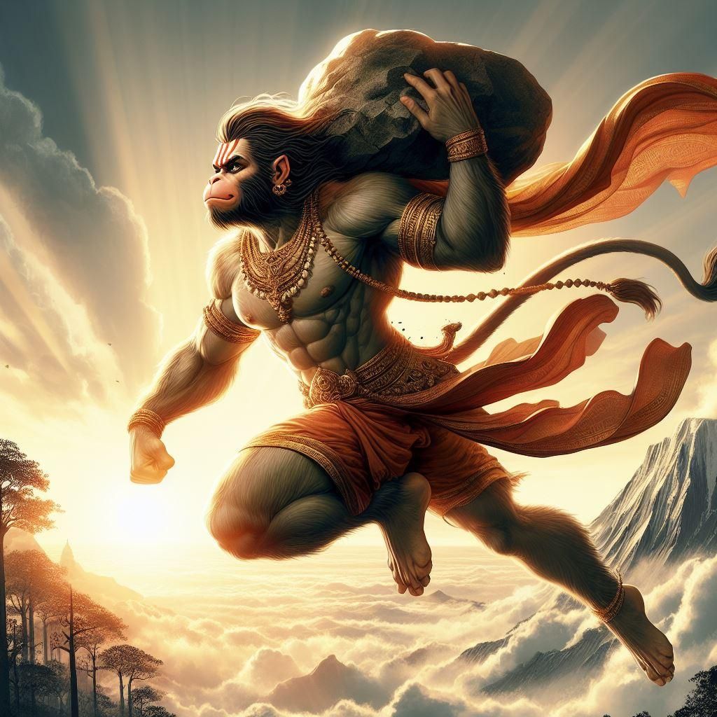 Hanuman carrying mountain, divine strength