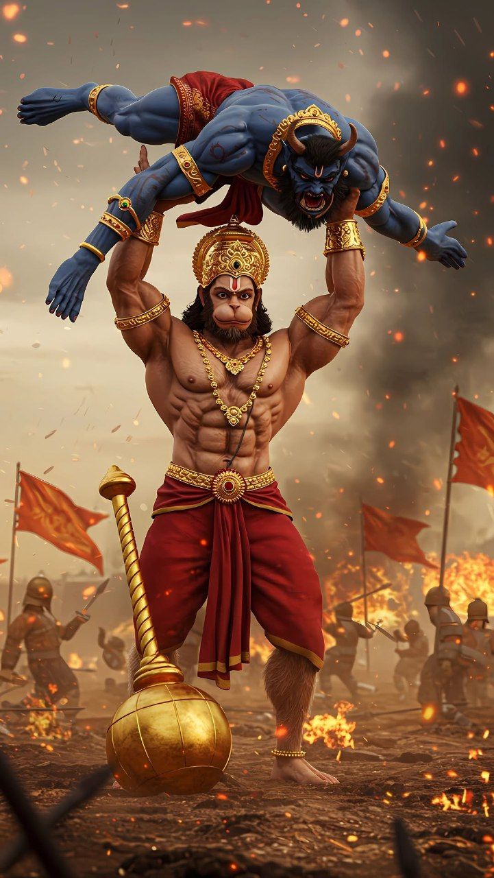 Hanuman carries Lord Rama in battle