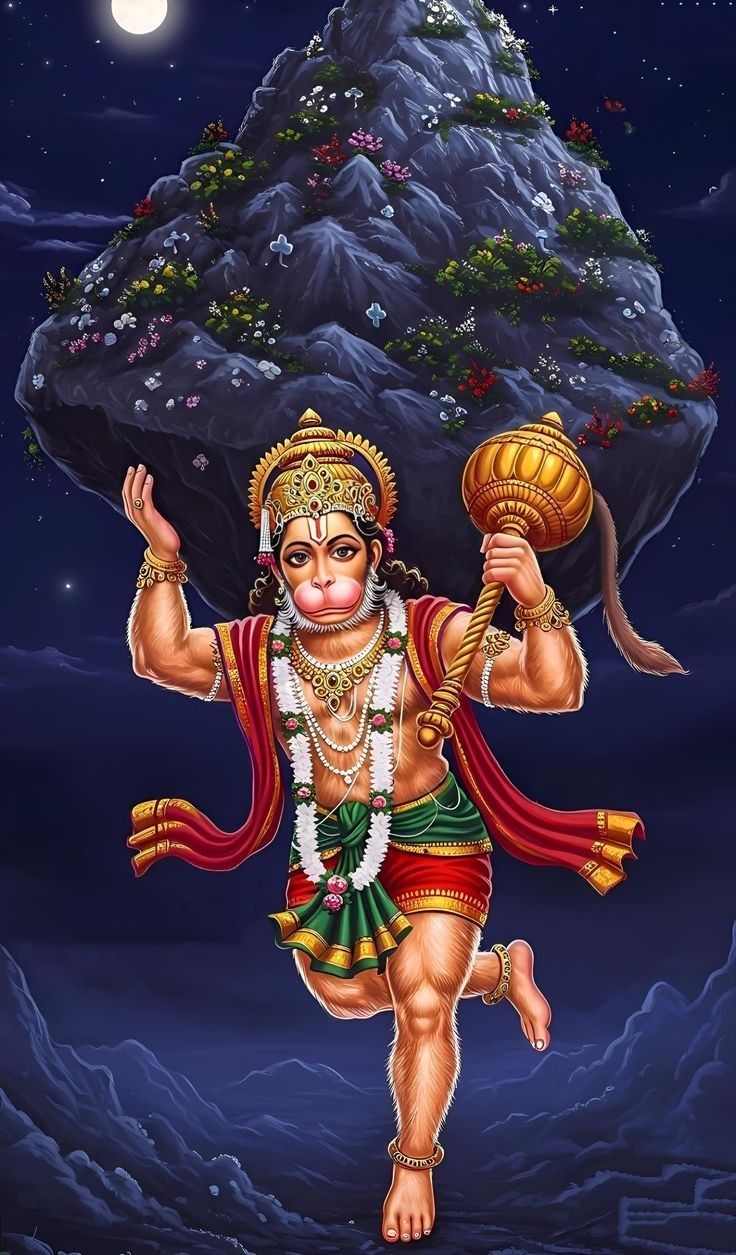 Hanuman carrying mountain, divine strength