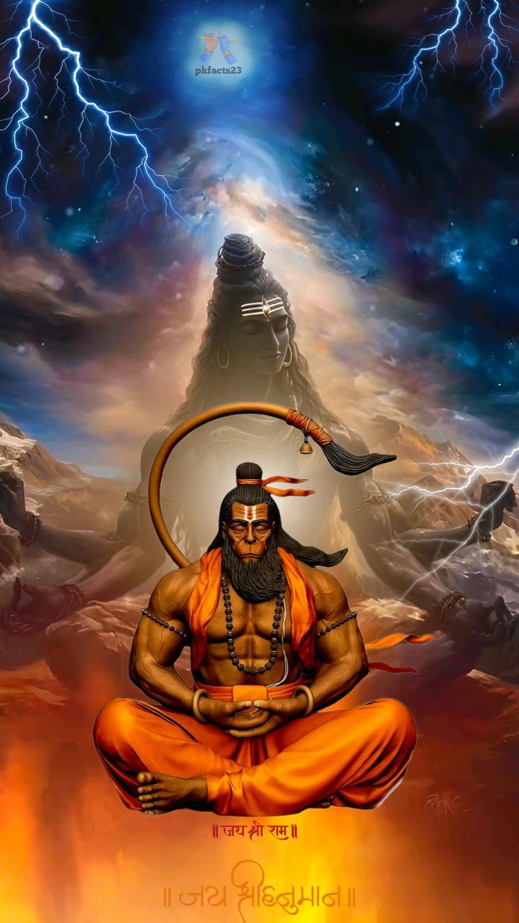 Hanuman carries mountain amidst lightning storm