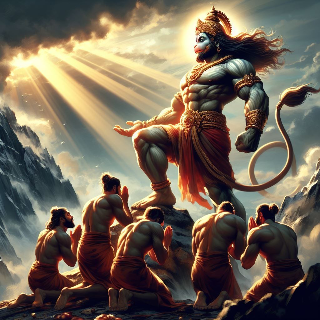 Hanuman descending from mountain, devotees worship