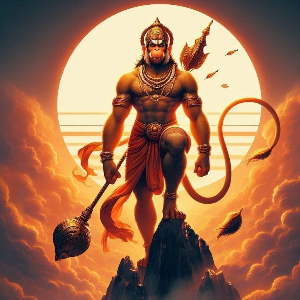 Powerful Hanuman standing on a mountain