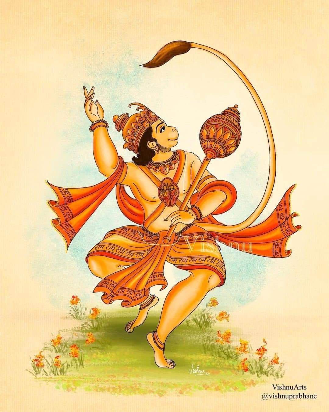 Hanuman flying with mace and devotion