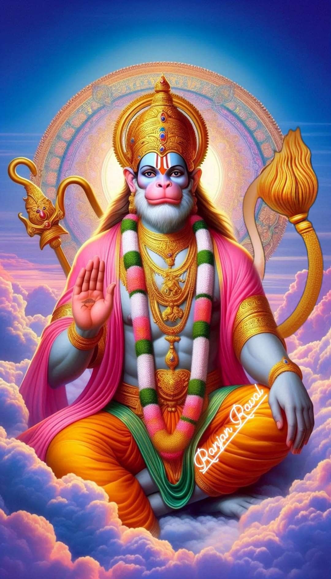 Powerful Hanuman with mace and blessing pose