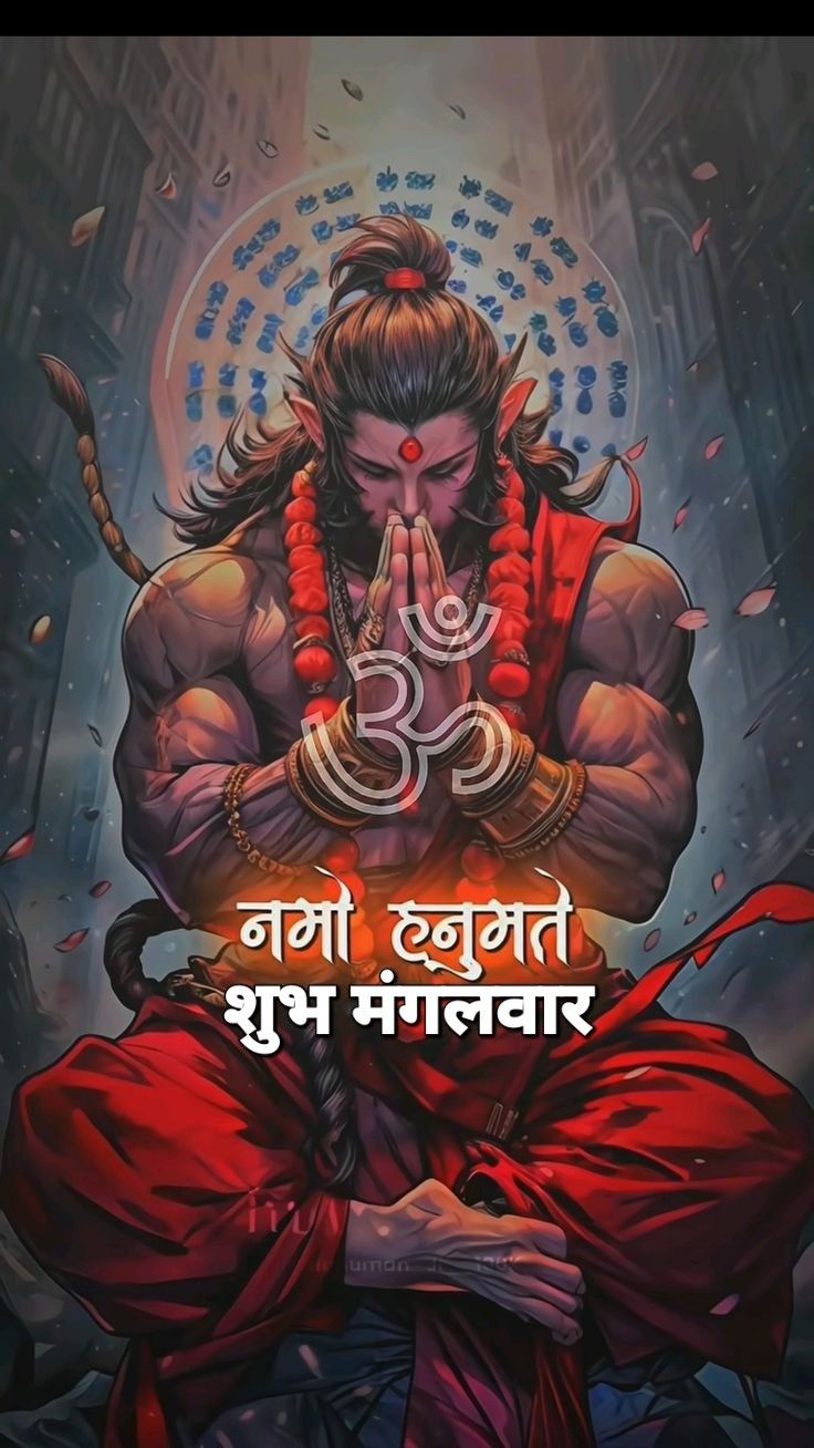 Hanuman in prayerful pose with Om symbol.