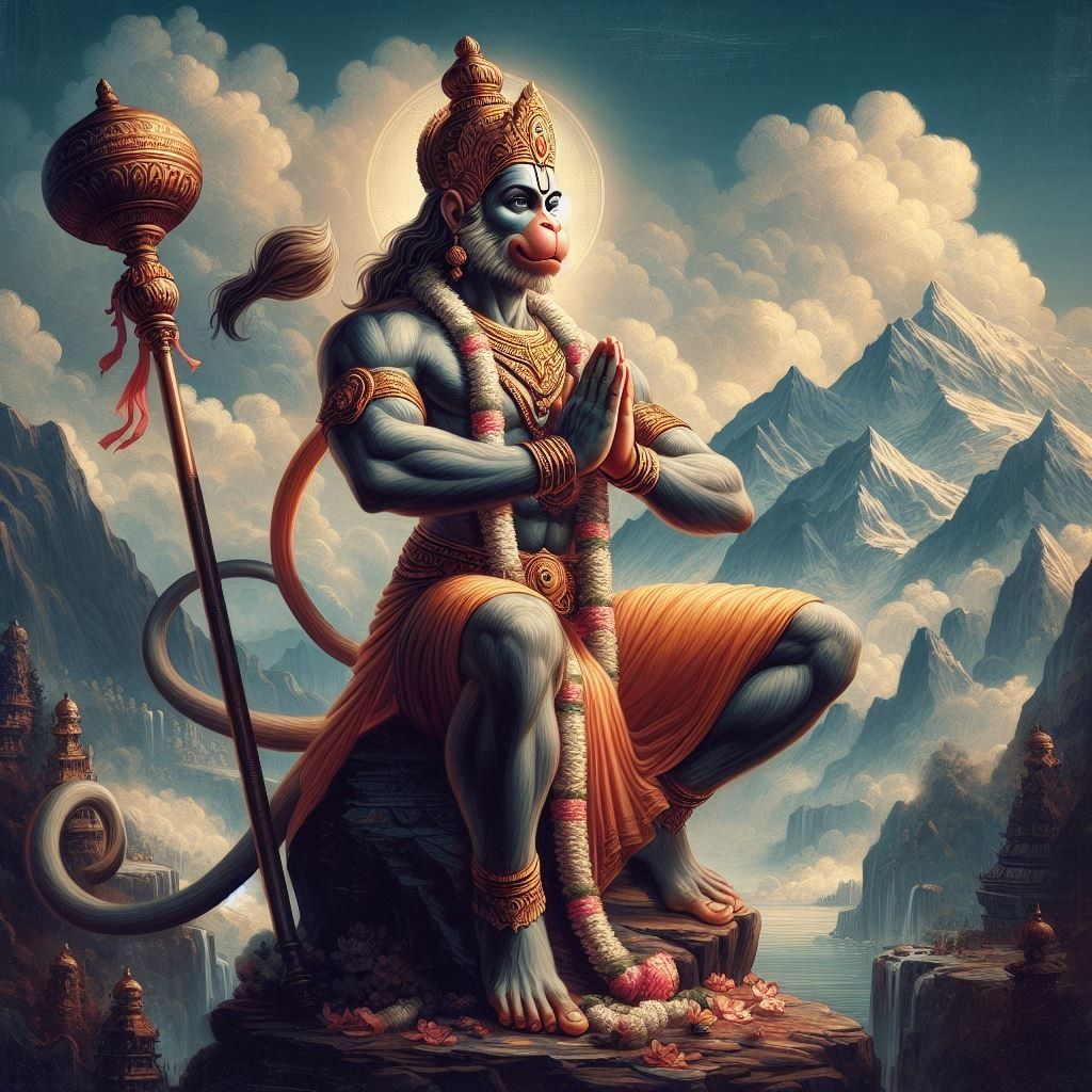 Hanuman in prayer against mountain backdrop