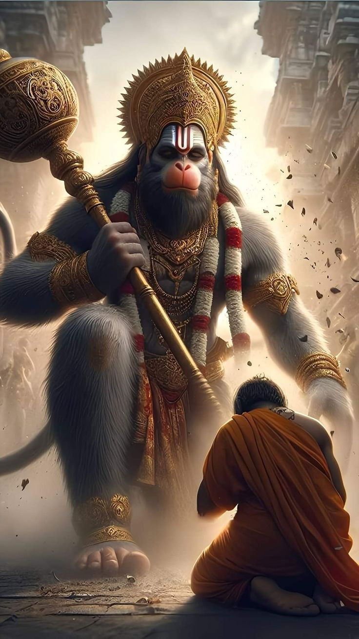 Hanuman bestows blessings on a devotee.