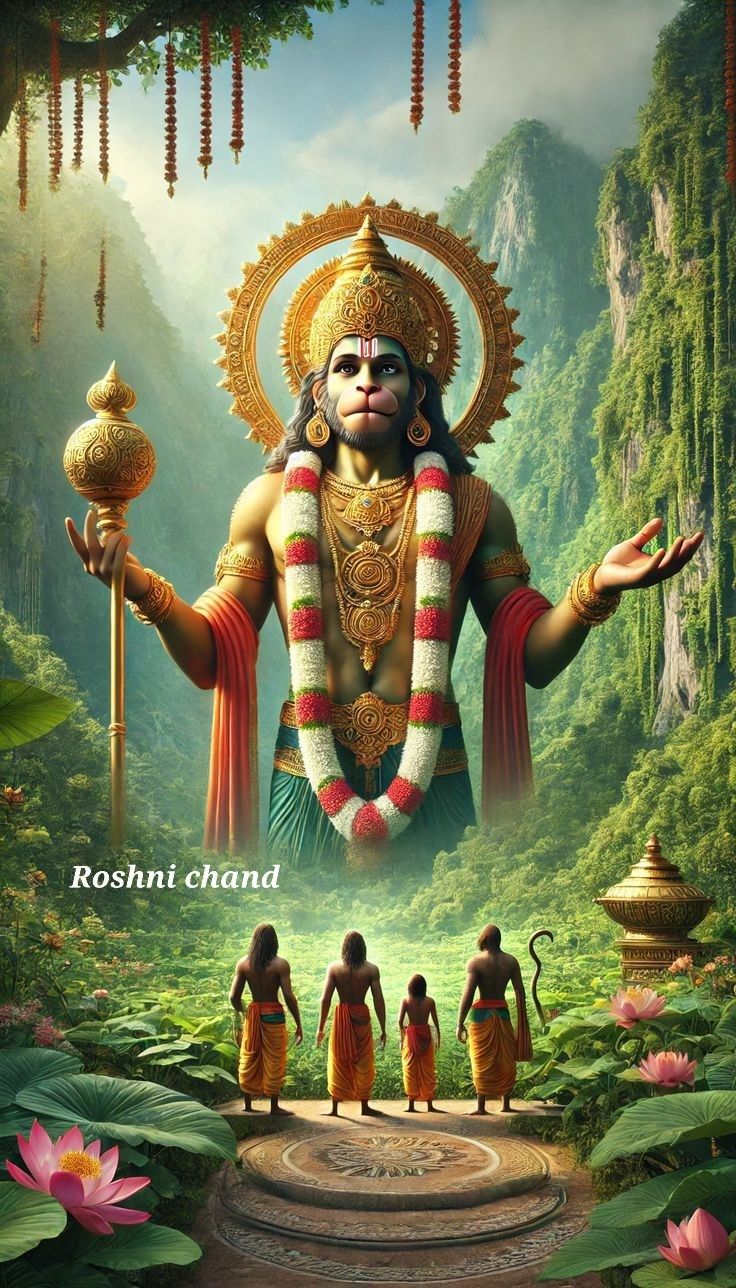 Hanuman blesses devotees in a forest.