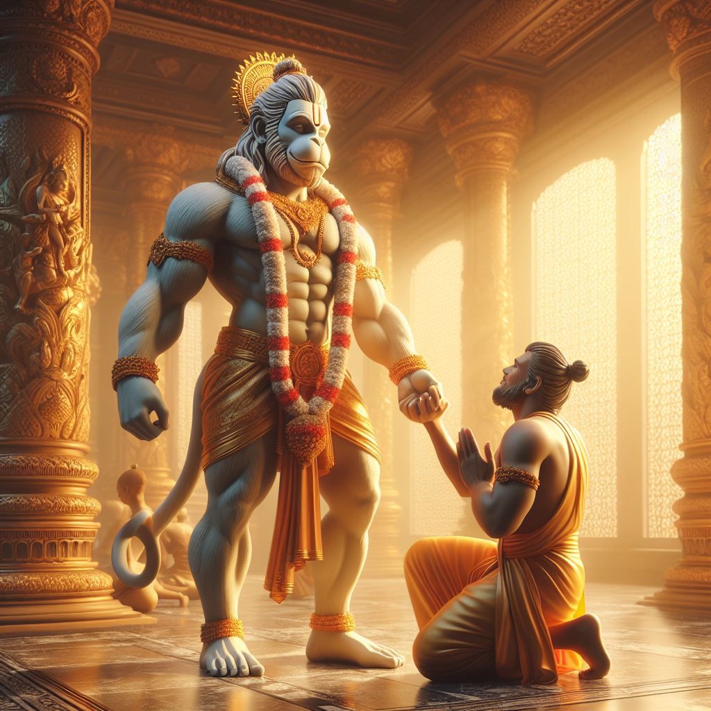 Hanuman blessing a devotee in temple