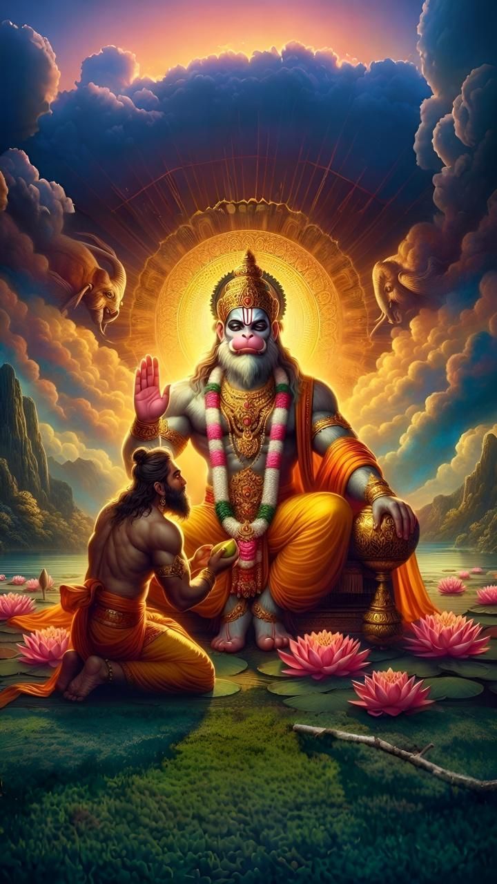 Hanuman blessing a devotee with grace.