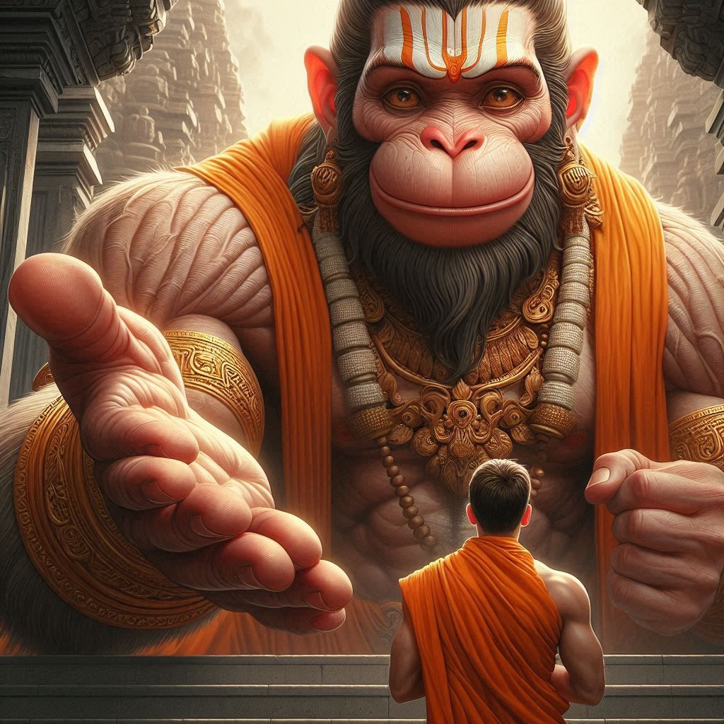 Hanuman blessing a devotee with a thumbs up