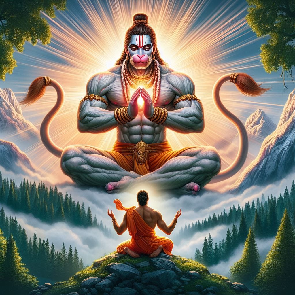 Meditating Hanuman with devotee in forest