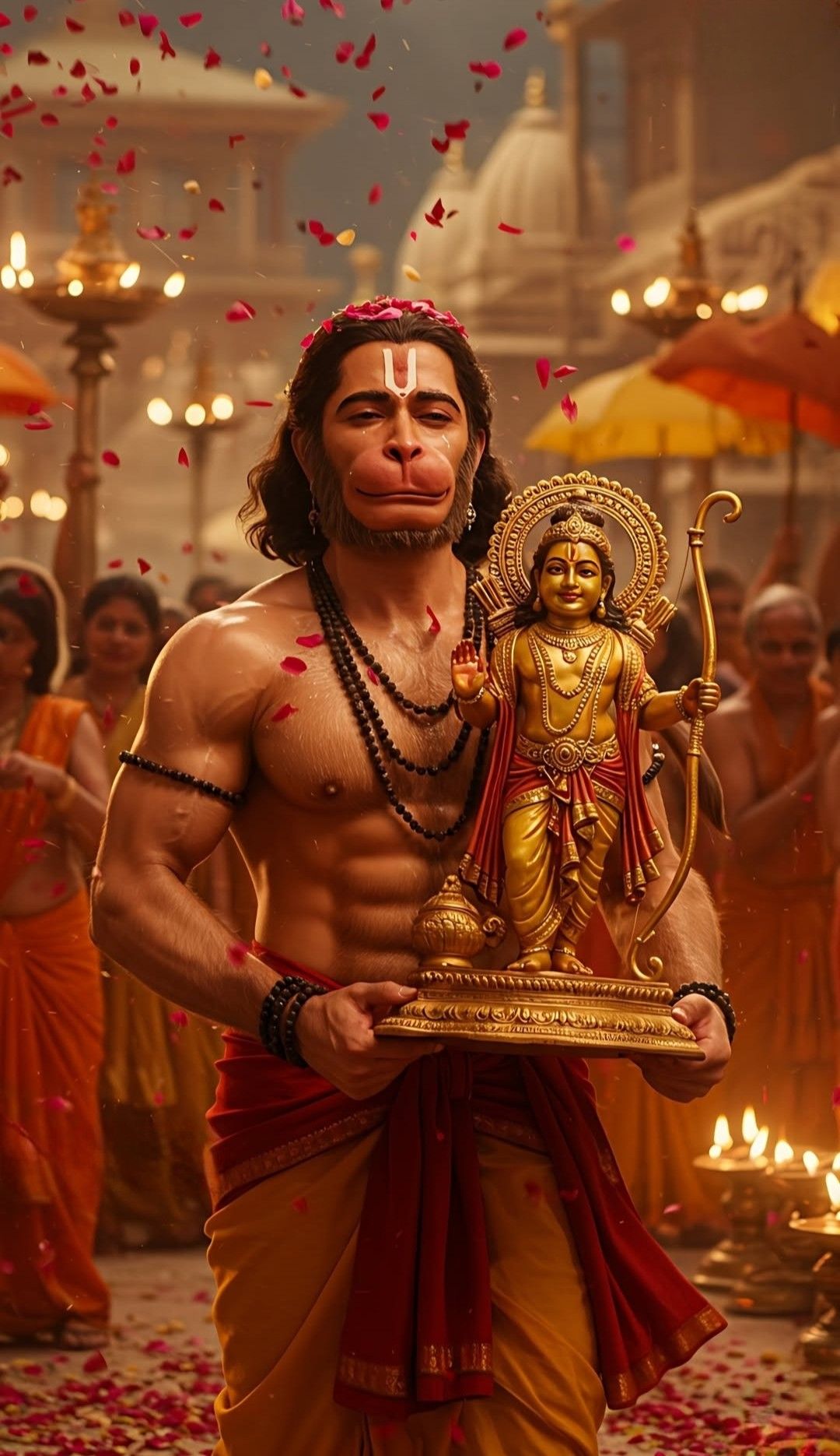 Hanuman holding a statue of Lord Ram