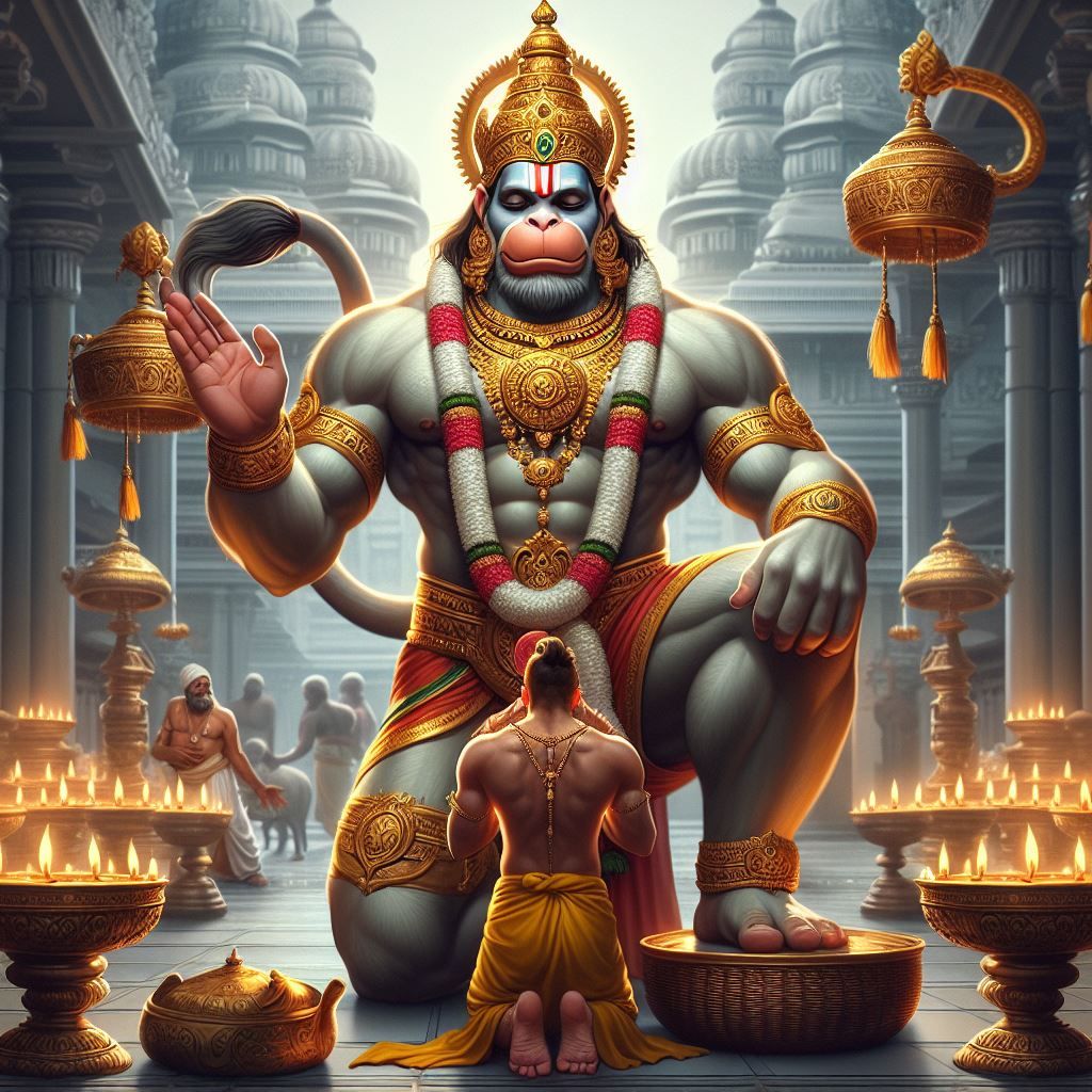 Hanuman blessing a devotee in temple