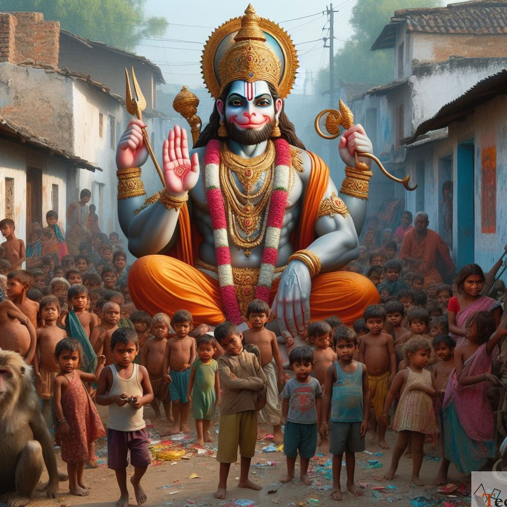Hanuman blesses devotees in a village.