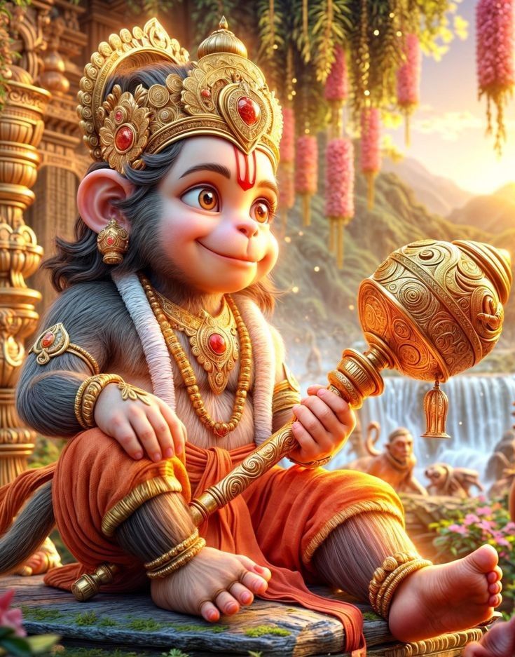 Smiling Hanuman with Mace in Forest