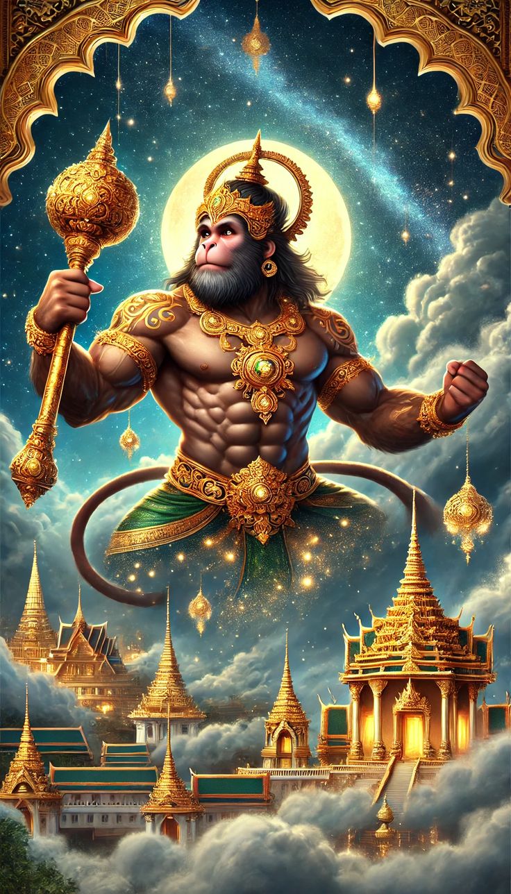 Hanuman descends from the heavens.
