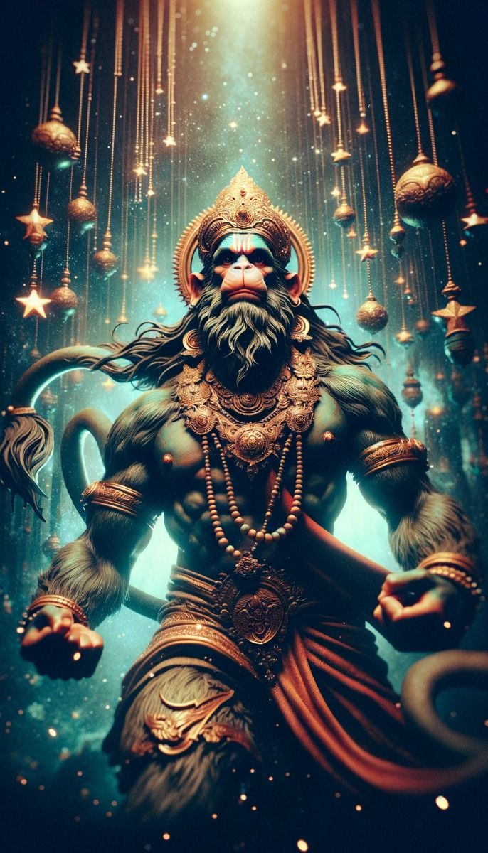 Powerful Hanuman with celestial backdrop