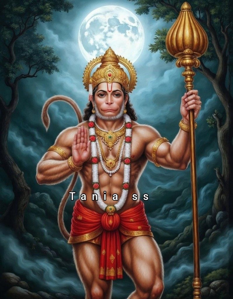 Powerful Hanuman with mace under moon